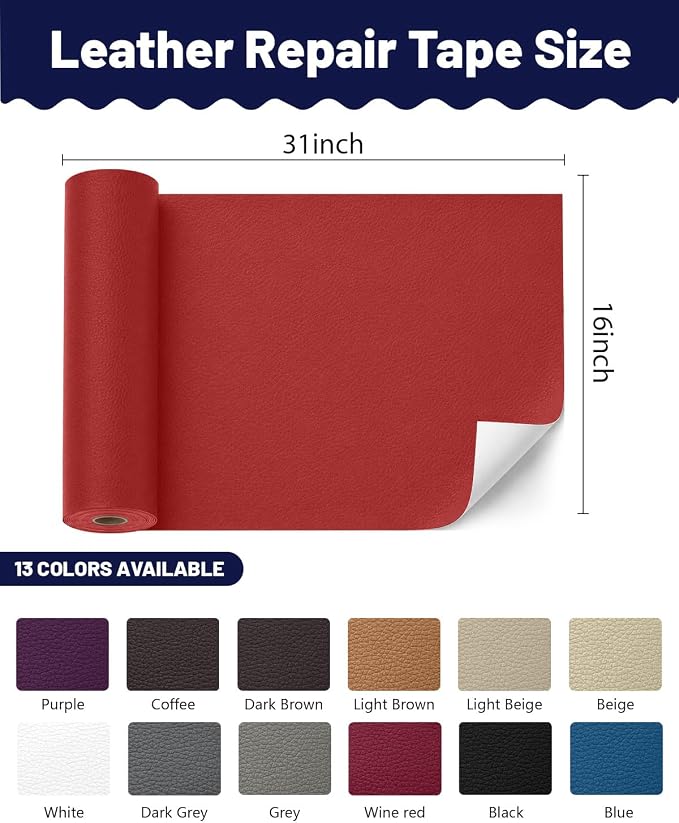BOUYEER Leather Repair Patch Tape Kit,Self Adhesive Leather Repair for Sofa，Car Seat,Office Chair,Furniture,Jacket,Waterproof Strong Adhesive Vinyl Repair Kit. 16 in x 31 in,Red