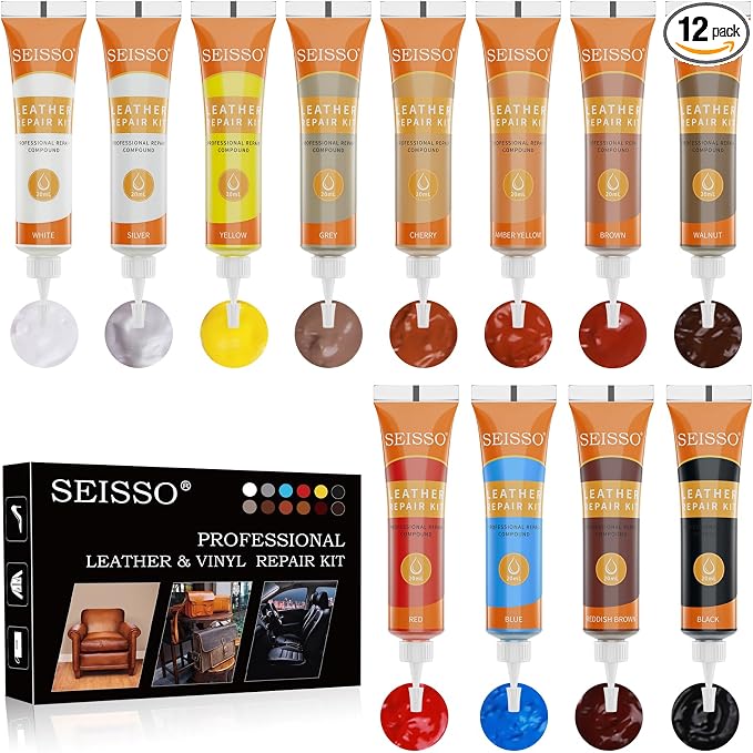 12 Colors Leather Repair Kit - for Furniture Car Seats Couches Sofa Shoes Boat, Leather Dye Restore Scratches Tears Holes, Purses Jacket Leather Paint, Vinyl Repair Kit Bonded Leather Genuine Italian…