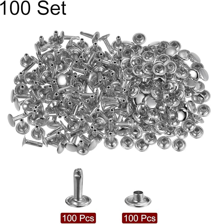 HARFINGTON 100 Sets Leather Rivets 12 x 9mm Metal Double Cap Rivet Snaps Studs Fasteners with 3pcs Setting Tools Rivets for Leather Craft DIY Repair Decoration, Silver Tone