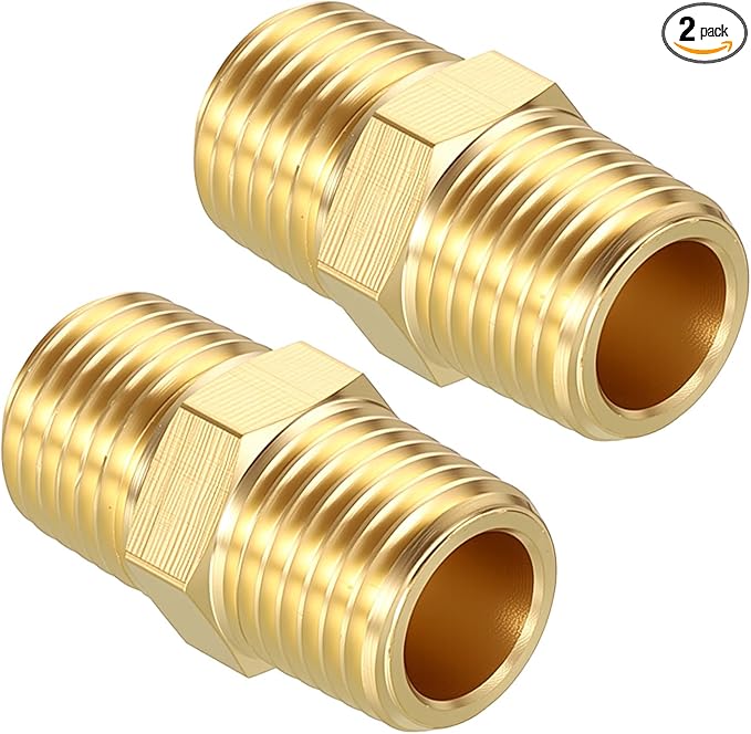 Pack of 2, 1/4" NPT Male to 1/4" NPT Male Solid Brass Hex Nipple Hose Connectors, Male Pipe Adapter for Pipe Leak Repair, Bathroom Remodeling, Tool Extensions, Compression
