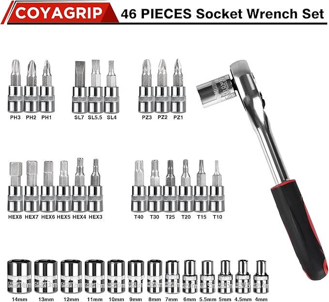 46PCS Socket Ratchet Wrench Set, 1/4 Inch Drive Small Tool Set with Screwdriver Bit Sockets Extension Bar and Storage Case, Metric Socket Set for Car Repair and Home Use