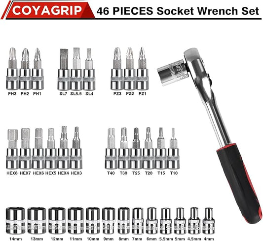46PCS Socket Ratchet Wrench Set, 1/4 Inch Drive Small Tool Set with Screwdriver Bit Sockets Extension Bar and Storage Case, Metric Socket Set for Car Repair and Home Use