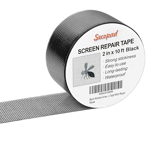 Secopad Black Window Screen Repair Tape, 2IN X 10FT Screen Repair Kit for Windows or Doors, Strong Adhesive Fiberglass Mesh Patch Tape