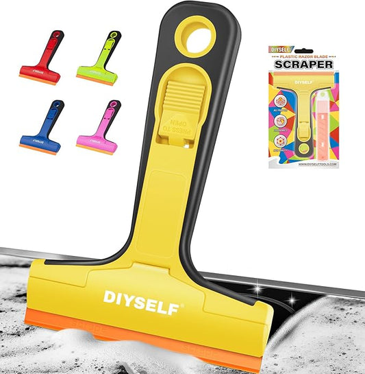 DIYSELF Plastic Razor Blade Scraper, 1 Pack Plastic Scraper Tool with 5 Pcs 4-Inch Plastic Razor Blades, Sticker Remover Tool and Decal Remover for Glass, Window, Labels, Adhesive, Cooktop, Tile
