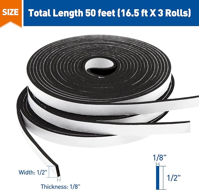 MAGZO Weather Stripping Door Seal, 1/2 Inch Wide X 1/8 Inch Thick Adhesive Foam Tape Soundproof Weatherstripping for Windows, 3 Rolls Total 50FT Black