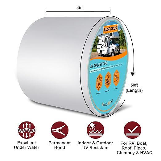 EDSRDRUS RV Roof Tape, Heavy-Duty Adhesive Butyl Seal Tape Waterproof UV-Resistant for RV Repair, RV Sealant Tape for Boat, Camper Roof Leaks (White, 4inch*50ft)