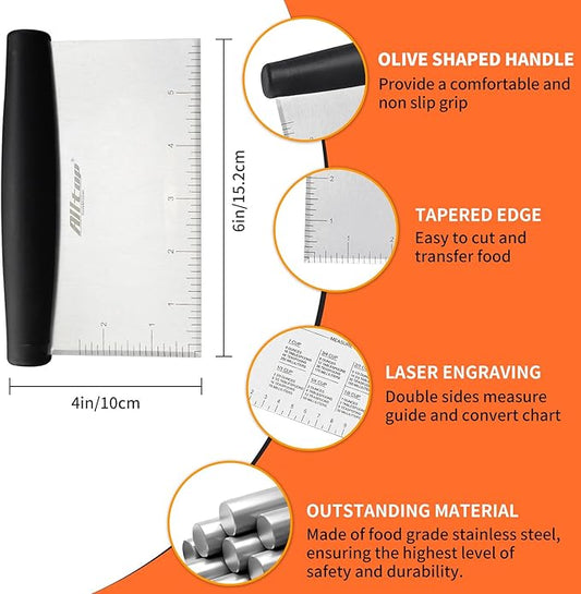 ALLTOP Bench Scraper & Chopper for Kitchen - Ideal Baking Essential Utensil,Stainless Steel Pastry/Dough/Food Cutter Tool for Cake Pizza Bread,Cooking - 1 Pack,Black