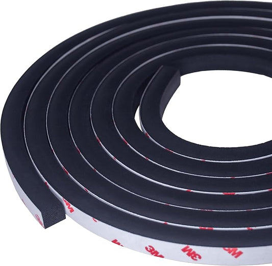 Neoprene Waterproof Rubber Foam 1/2” (w) x 1/2” (h) x 12 feet Long Weather Stripping Door Seal Insulation Shock-Absorbing 3M Self-Adhesive Tape for Door Frames, Windows – Black, 1 Continuous Roll
