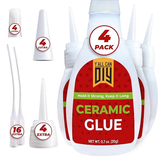 Y'allCanDiy Waterproof Super Glue for Ceramic 4 Pk x .7 Oz. (20g) - Ceramic Glue Repair for Pottery, No Smell After Cure. Best Cyanoacrylate Based Adhesive for China and Porcelain