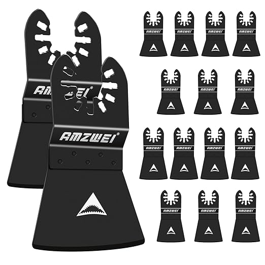 AMZWEI 16PCS Oscillating Tool Scraper Blades,HCS Caulk Remover Tool Blades for Vinyl Flooring,Paint,Carpet,Tile Adhesives, Compatible with Dewalt Milwaukee Dremel, Ryobi, Rockwell