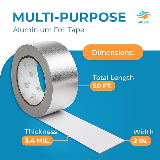 Air 360 Aluminum Foil Tape 2 Inch x 50 FT - HVAC Foil Tape for Ductwork, Dryer Vent, AC & Pipe Insulation - Heavy Duty High Temp Heat Resistant Metal Duct Tape, Waterproof Aluminum HVAC Tape