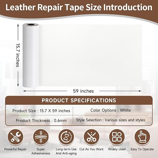 Leather Repair Tape, Heavy Duty Vinyl Repair Patch, Waterproof Self Adhesive Leather Repair Kit for Fixing Holes & Scratches on Couch, Car Seat, Furniture (White, 15.7 x 59in)