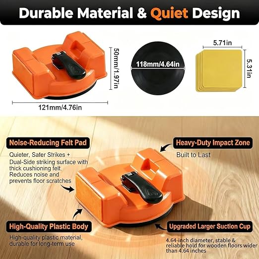 Heavy Duty Floor Gap Fixer Tool with 5 Reusable Sticky Pads – 180 lbs Suction, 4.64" Suction Cup & Dual-Side Striking Surface for Laminate, Hardwood, and Vinyl Floor Repair