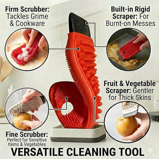 FlexiClean 3-in-1 Silicone Dish Sponge - BPA-Free Food-Grade Cleaning Brush with Dual-Sided Scrubber & Scraper, Hanging Hole Fast-Dry Reusable for Dishes/Fruits/Vegetables (Red 2PCS)