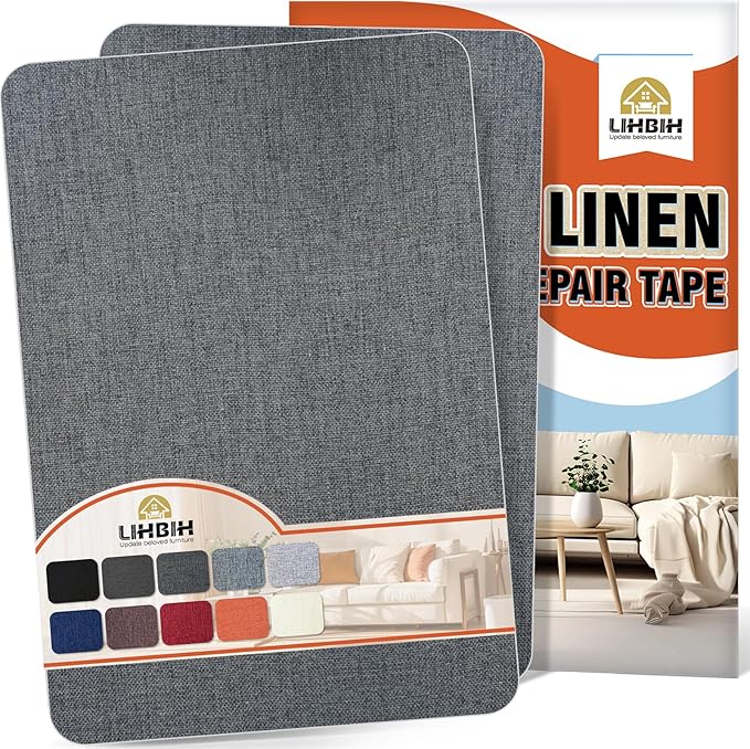 Linen Fabric Repair Tape 2 Pcs 8x12 Inch, Self Adhesive Couch Patch Repair Fabric Tape for Furniture, Linen Patch Kit for Couch, Carpet, Upholstery, Chair, Sofa, Cushion, Bag (Dark Grey)