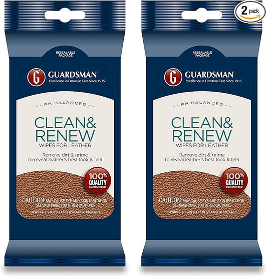 Guardsman Clean & Renew Leather Wipes - 20 Count - Removes Dirt & Grime, Great For Leather Furniture & Car Interiors - 2 Pack