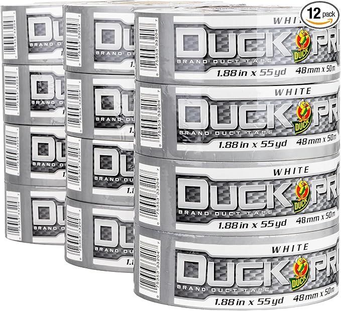 Duck Pro Heavy Duty Duct Tape for Long Lasting Repairs, 2" Wide (1.88 in x 55 Yds) Performance Grade Tape with Waterproof Backing, White, 12 Rolls