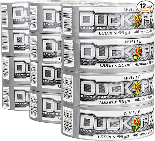 Duck Pro Heavy Duty Duct Tape for Long Lasting Repairs, 2" Wide (1.88 in x 55 Yds) Performance Grade Tape with Waterproof Backing, White, 12 Rolls