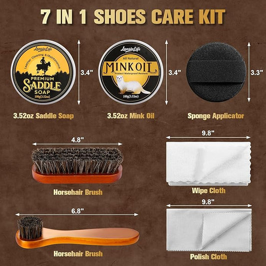 Leather Boot Care Kit, 7-in-1 Saddle Soap & Mink Oil for Leather Cleaning & Polish with 2 Horsehair Brush, Polishing Cloth, Microfiber Cloth, Leather Cleaner and Conditioner for Boots, Shoes, Couch