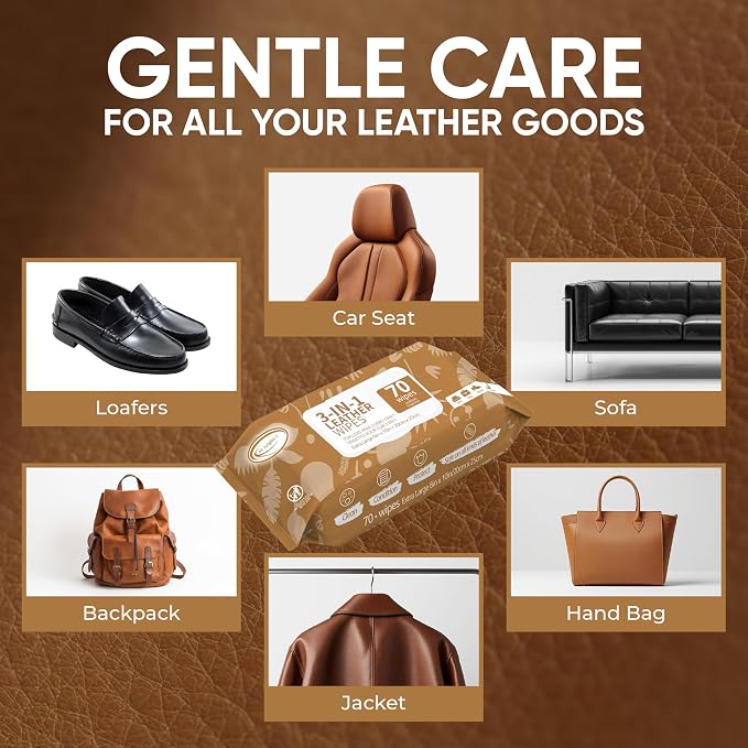 Air Jungles 3in1 Leather Cleaner Wipes 70 Count, Extra Large 8" x 10" Size | Clean Condition Protect Wipes for Vinyl and Leather Apparel Furniture Auto Car Interior Shoes Boots Bags