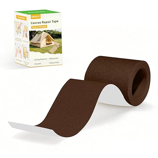 Besezx Canvas Repair Tape,Outdoor Gear Patch, 3x79 Inches,Waterproof Self-Adhesive Fabric Repair Tape for Repairing Boat Covers,Sun Shades,Sofas,Tents,Lounge Chairs,Awnings (Dark Brown)