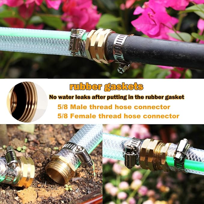 SIGURANTA Garden Hose Repair Connector with Clamps Hose End Repair Kit,5/8" Barb Garden Hose Fittings Male and Female brass garden hose ends (5/8"Barb-2 Set)