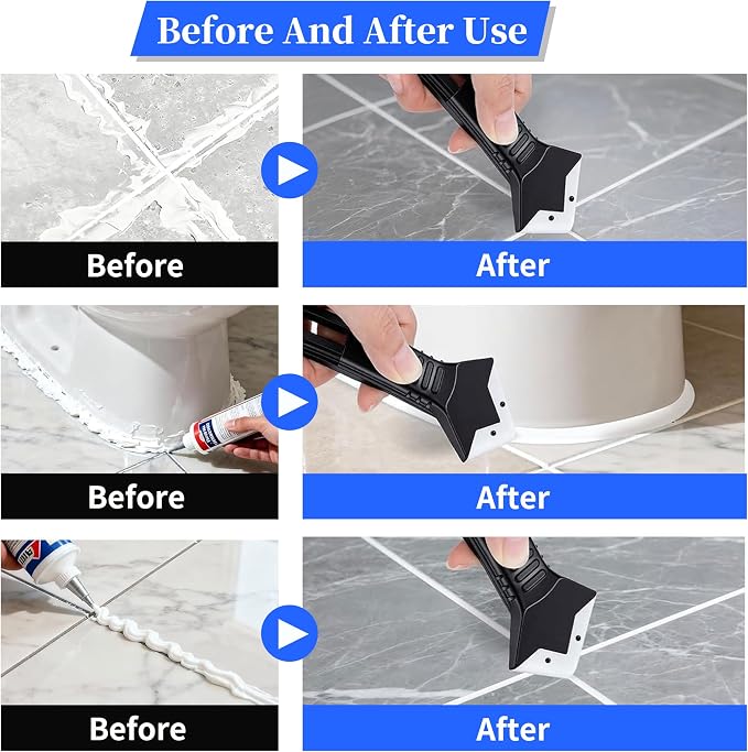 3 in 1 Silicone Caulking Tool Kit, Professional Sealant Finishing Tool with Replaceable Silicone Pads, Caulk Removal Scraper, Easy Grout Filling & Residual Glue Clean for Kitchen Bathroom Window Sink