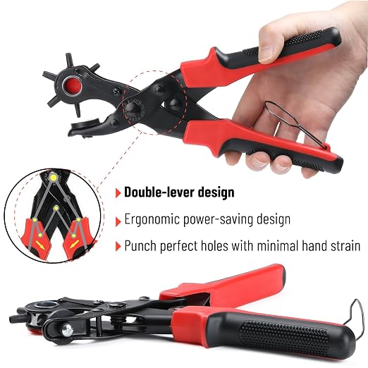 UNCO- Leather Hole Punch Tool Set, Red Handle, Multi Punch Sizes, Belt Hole Puncher for Leather, Belts, Straps, Pet Collars, Shoes, Saddles, Canvas & DIY Crafts, with Grommet Eyelet Kit 100 Set