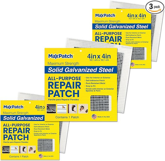 MaxPatch® 4 in. x 4 in. Self-Adhesive Surface Repair Patch, All-Purpose Galvanized Metal for Interior and Exterior Repairs, Ideal for Drywall, Plaster, Wood, Brick, Stucco, and More (3-Pack)