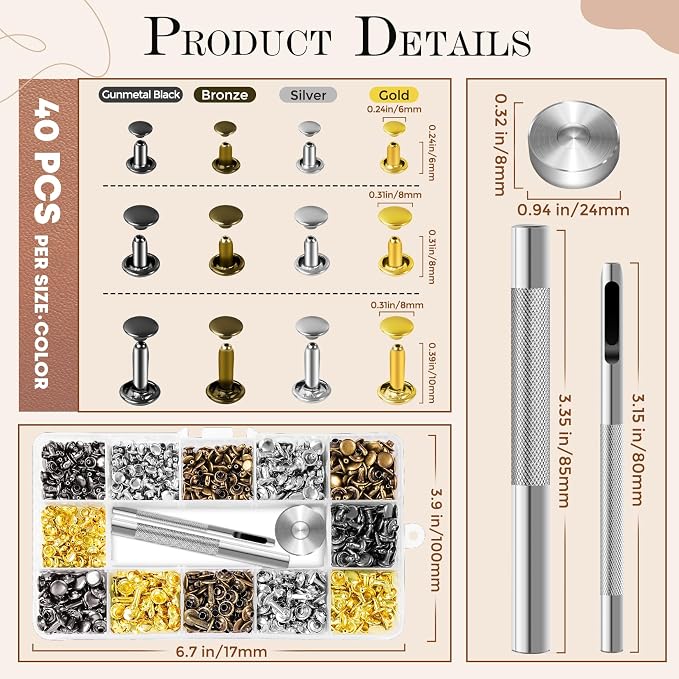 Jetmore 480 Pack Leather Rivets, Brass Rivets for Fabric, Leather Rivet Kit, Double Cap Rivet for DIY Leather Craft, Hats, Purse, Shoes, Bag, Remaches para Cuero
