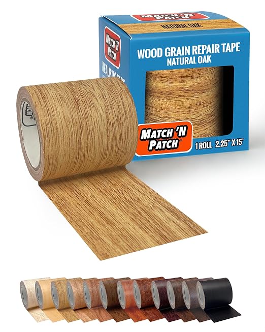 MATCH 'N PATCH Wood Grain Repair Tape - Natural Oak, 2.25 in x 15 ft (1-Pack) – Wood Grain Colored Duct Tape for Mirror Frame, Trim, Borders, Floor and Other Furniture, Scratch Repair Kit