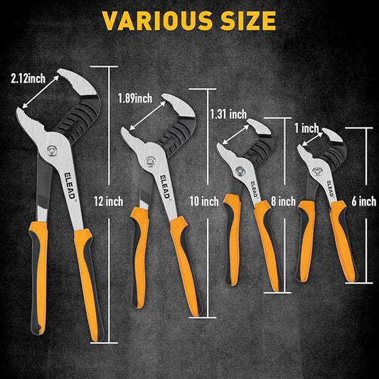 ELEAD 4-Piece Groove Joint Pliers Set, 12/10/8/6 Inch Adjustable Water Pump Pliers with Tool Roll Bag, Tongue and Groove for Home Repair, Gripping, Nuts, Bolts, Pipe & Fittings