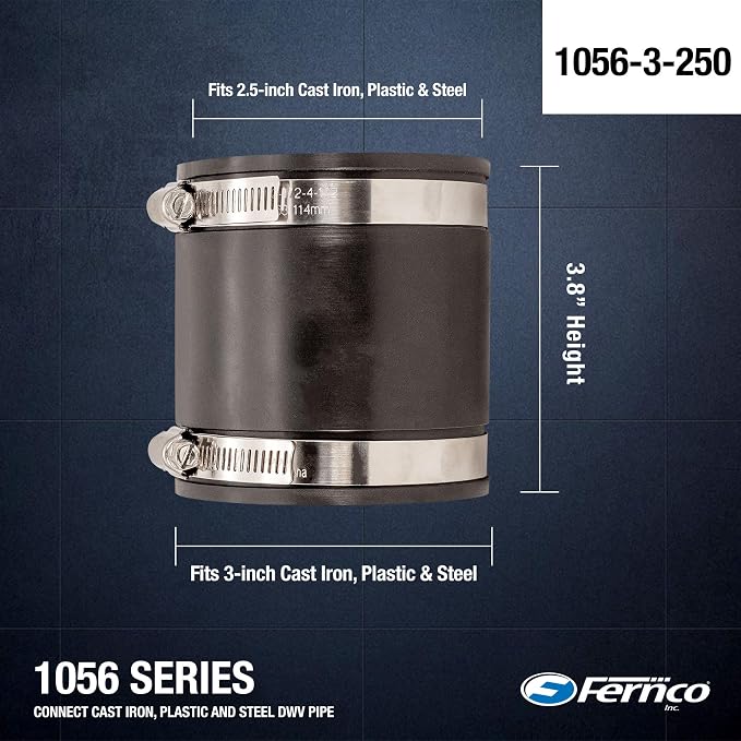 Fernco P1056-3/250 3-in. x 2.5-in. Cast Iron, Plastic and Steel Pipe Flexible Reducer Coupling Connector Adapter in Black