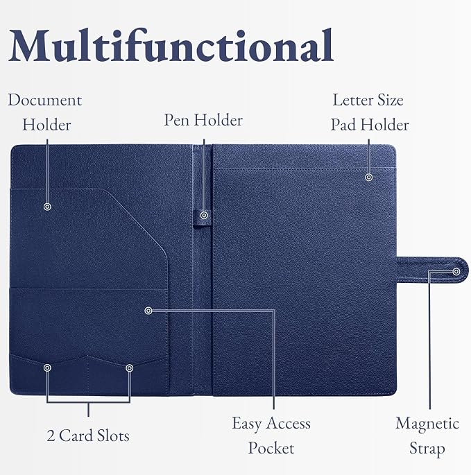 Mymazn Padfolio, Portfolio Folder, Legal Pad Holder, Resume Folder | Faux Leather Binder with Document Organizer, Business Card Holder, Letter-Size Notepad for Interview, Men & Women, Deep Blue