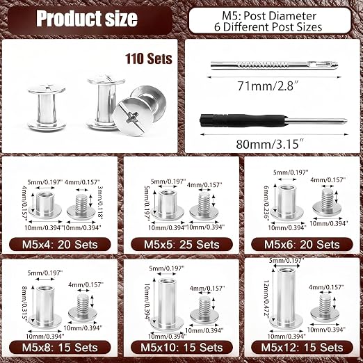 110Sets Chicago Screws Kit - 6 Sizes Leather Rivets & Binding Screws for Crafts, Clothing, Shoes, Belts, Bags Repair (Silver, M5 4/5/6/8/10/12mm)(Silver)