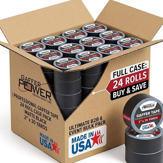 Gaffer Power Black Gaffer Tape 2” x 30 Yards (24 Rolls) – No Residue, Bulk Case, Made in USA, Professional Grade Matte Cloth Tape for Stage, Film & Cable Management