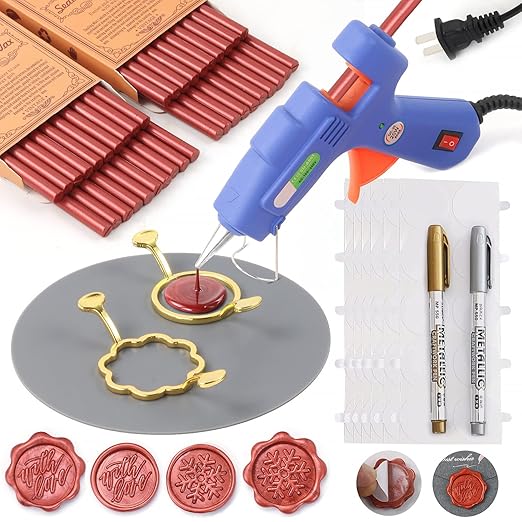 Wax Seal Kit, WASOHLING 40Pcs Metallic Red Sealing Wax Sticks with Glue Gun, Wax Seal Molds, Silicone Mat, Marker Pens, Premium Kit for Wedding Invitations Envelopes Cards (Wine Red)