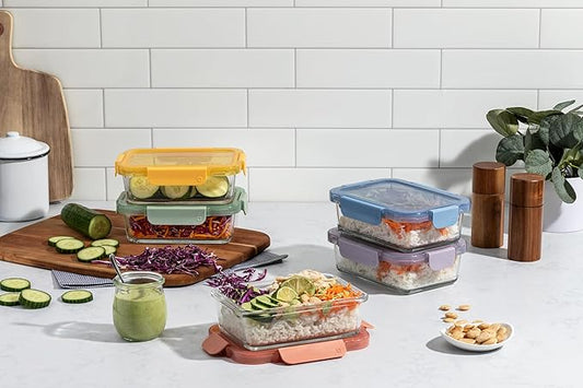 Ello Color Lock 8PC Mixed Glass Food Storage Sets, Leak-Proof Glass Food Storage Containers