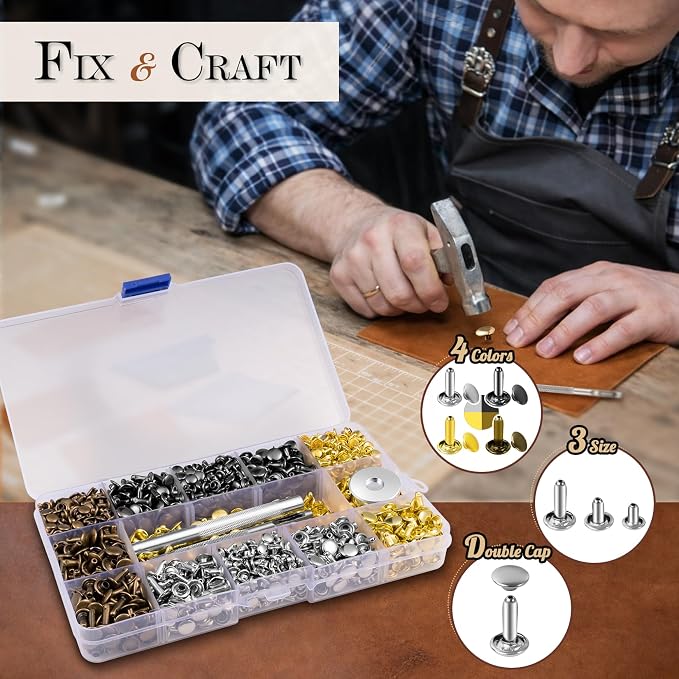 Jetmore 480 Pack Leather Rivets, Brass Rivets for Fabric, Leather Rivet Kit, Double Cap Rivet for DIY Leather Craft, Hats, Purse, Shoes, Bag, Remaches para Cuero