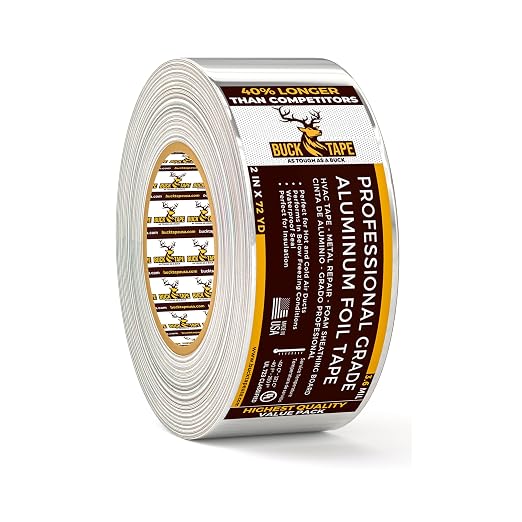 Buck Aluminum Foil Tape – 2 Inch x 216ft (72 yd), 3.6 Mil – HVAC Tape for Ductwork, AC, Dryer Vents & Insulation – Silver Foil Tape for Metal Repair, Exhaust Sealing & Air Conditioning (1 Pack)