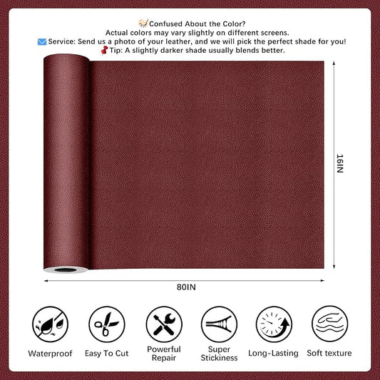 Burgundy Leather Repair Tape, 16x80 Inch Leather Repair Patch Self-Adhesive, Waterproof Faux Leather Patch, Vinyl Repair Tape for Couch, Sofas, Furniture, Office Chair, Car Seats