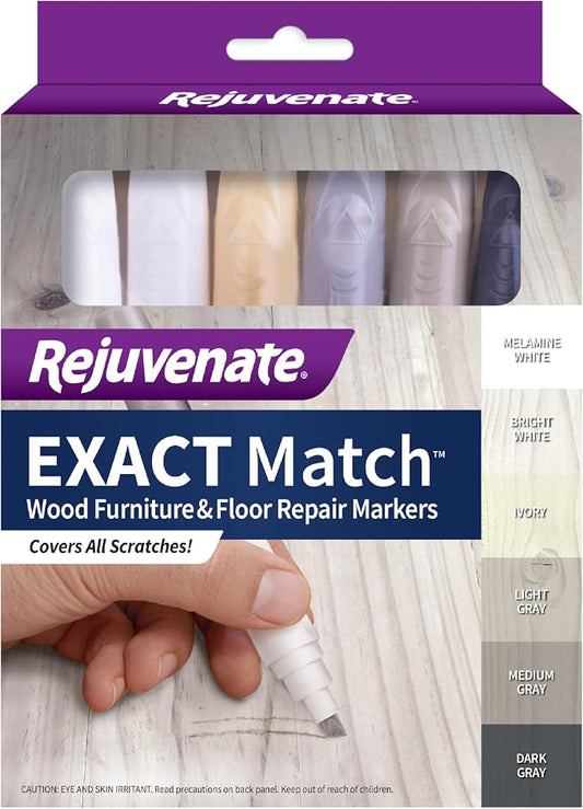 Rejuvenate Exact Match Wood Furniture & Floor Repair Markers, 6 Count, White/Gray Markers Cover All Scratches, Scuffs and Damage to Wood Furniture and Flooring