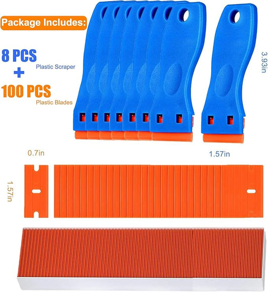 8 Pcs Plastic Razor Blade Scraper and 100 Pcs Blades, Remove Label Decal Tool， Forwithout Scratches Plastic Razor Blade Scraper, Adhesive Remover for Stickers, Kitchen Appliances and Paints on Window