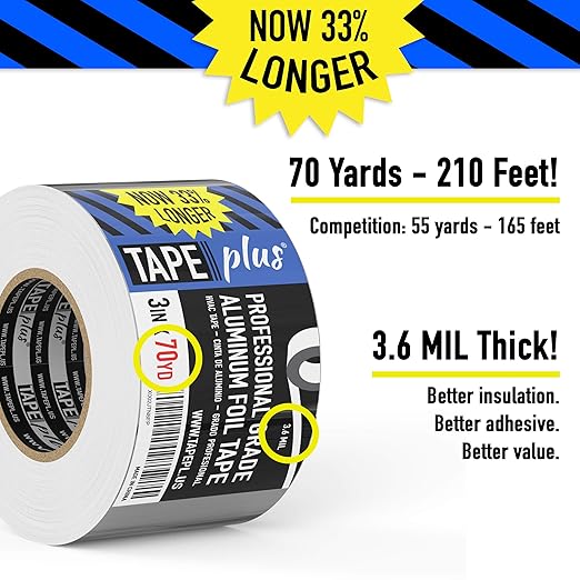TapePlus Aluminum Foil Tape - Heat-Resistant HVAC Tape - Waterproof Weather Barrier - High-Temp Thermal Seal - 3 in x 210 ft, Silver