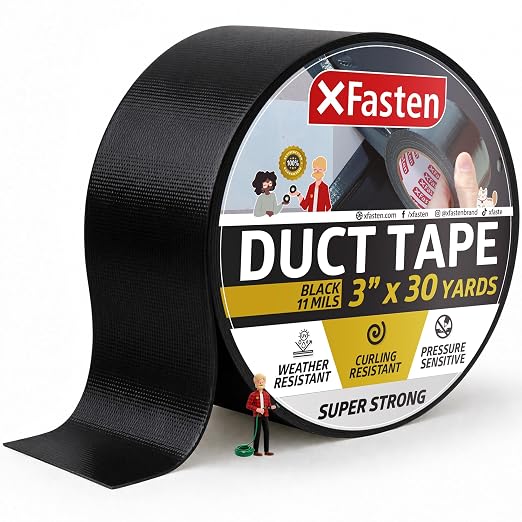 XFasten Super Strength Duct Tape, Black, 3" x 30 Yards, Indoor and Outdoor Duct Tape for School and Industrial Use- Waterproof and Weatherproof