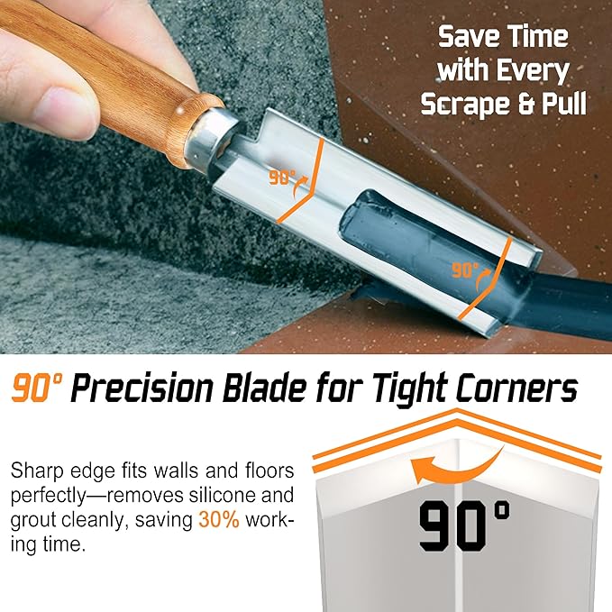 Professional Caulk Remover Tool – Heat-Treated Caulking Tool with 90° Sharp Blade & Solid Wood Handle, Saves Time for Home Improvement, Durable Grout & Silicone Remover Tool