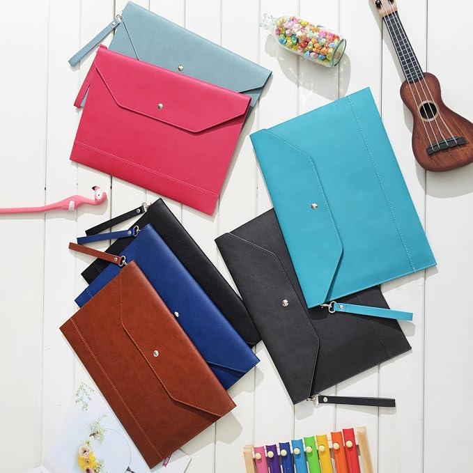 Wonderpool Envelope Case A4 PU Leather File Jacket Pocket Folder Document Case Bag with Removable Hand Strap and 4 Pocket for Documents Tablet Phone Stationery (Plum red)