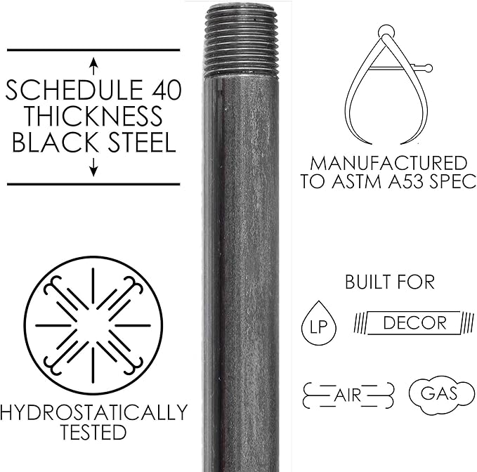 Pipe Decor 1/2” x 72” Malleable Cast Iron Pipe, Pre Cut, Industrial Steel Grey Fits Standard Three Quarter Inch Black Threaded Pipes Nipples and Fittings, Build Vintage DIY Furniture, 4 Pack