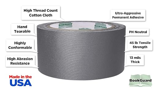 BookGuard 2 inch Premium Bookbinding Repair Cloth Tape, 15 Yard Roll, Gray