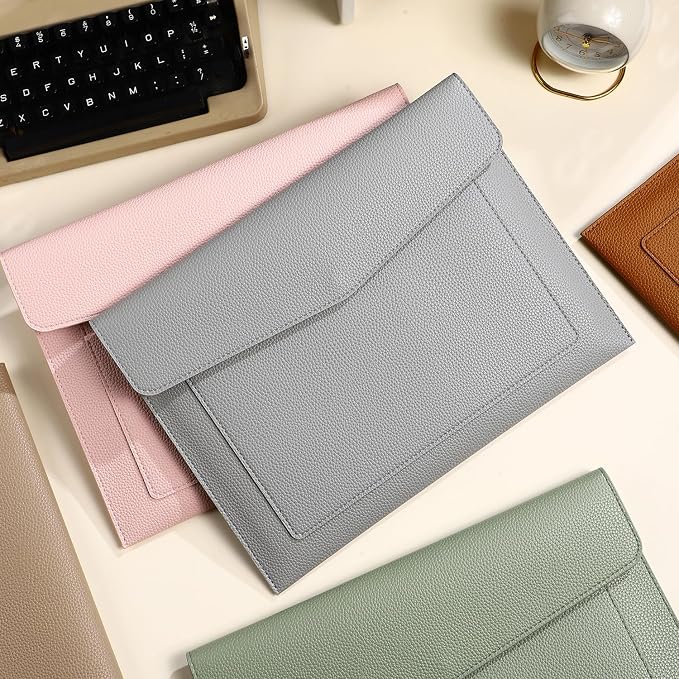 A4 Large Capacity Document Bag, Premium PU Leather File Holder, Multi-Color, Double-Layer Design, 13.39 x 10.04 Inches (Gray)